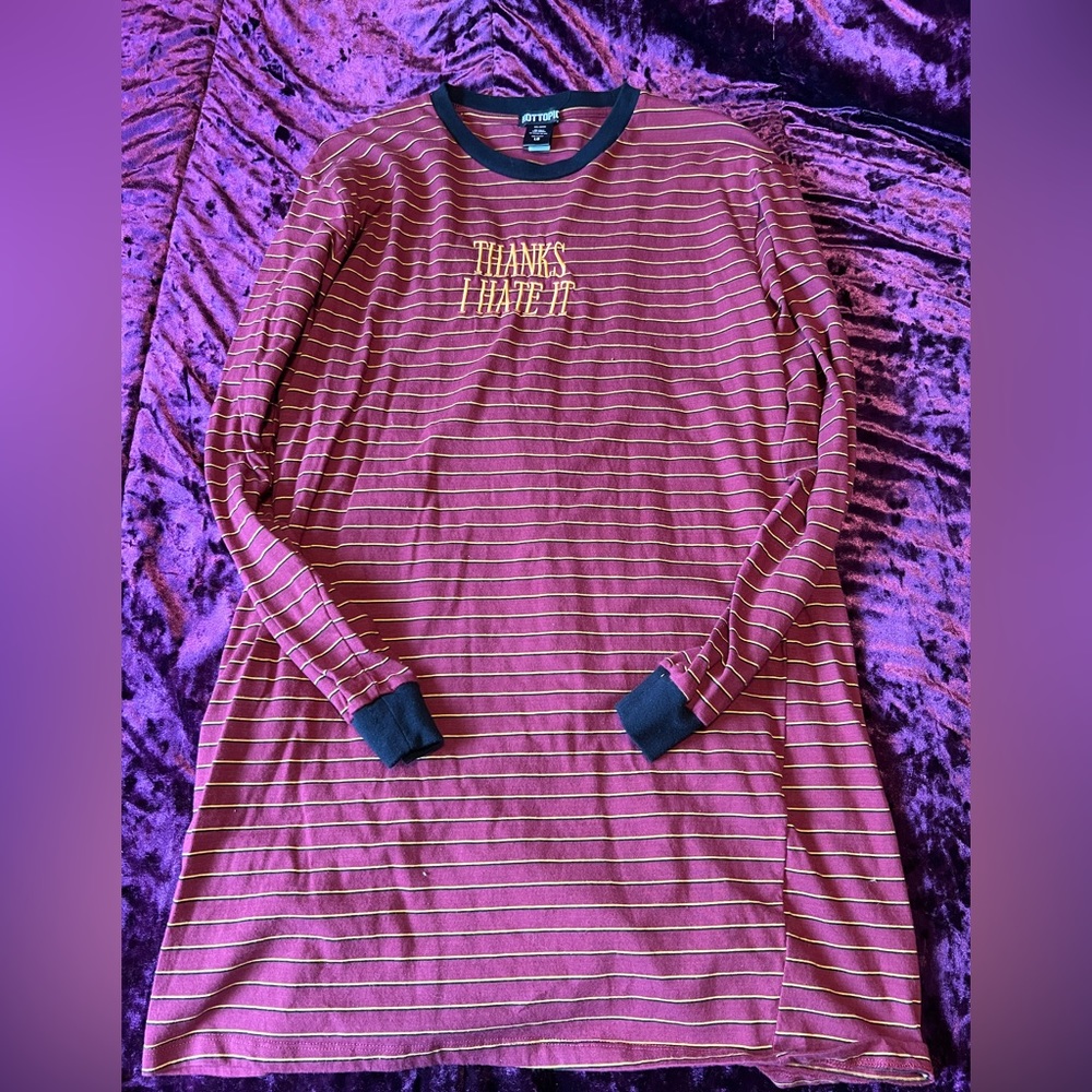 Burgundy and yellow striped long sleeve T-shirt dress